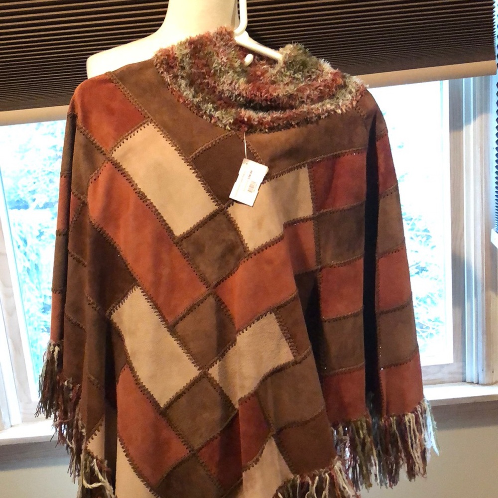 NWT handcrafted patchwork suede poncho